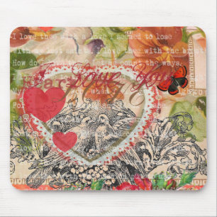 Love Birds Heart Red Art Collage Mouse Pad