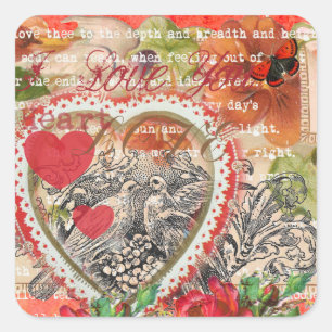 Love Birds Heart Red Art Collage Square Sticker
