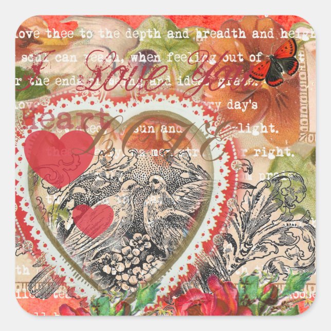Love Birds Heart Red Art Collage Square Sticker (Front)