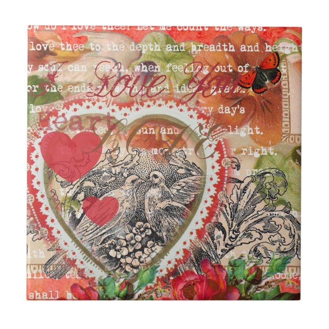 Love Birds Heart Red Art Collage Tile (Front)