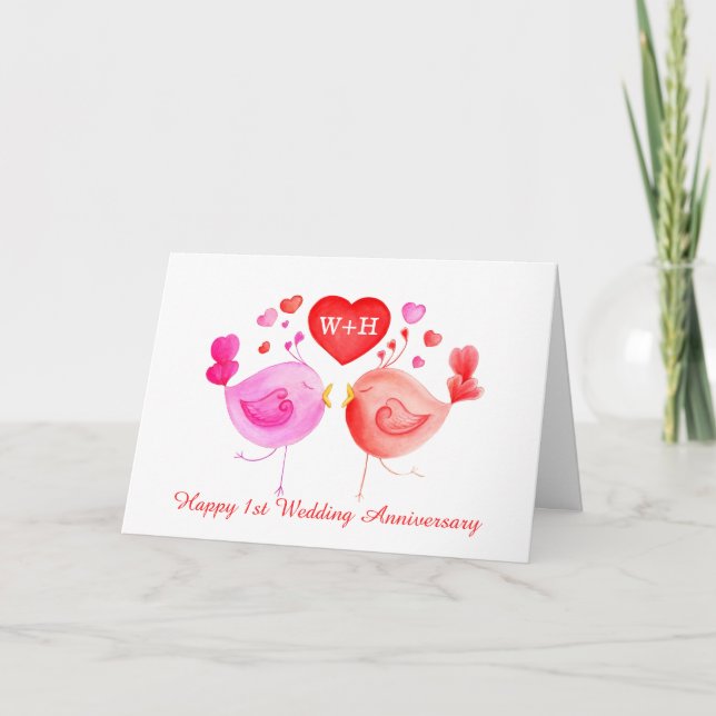 Love birds heart red pink 1st Anniversary art card (Front)