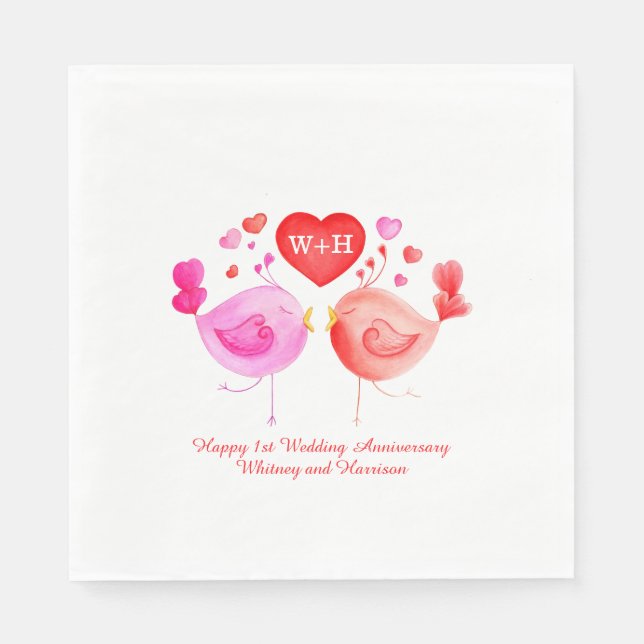 Love birds heart red pink 1st Anniversary napkins (Front)