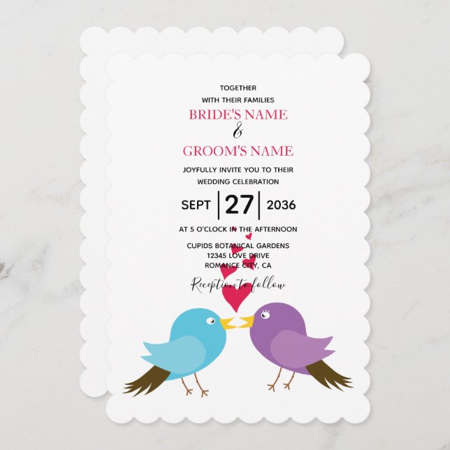 Love Birds & Hearts Wedding Invitations (Front/Back)