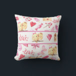 Love Birds Hearts Wedding Keepsake Pink Names Cushion<br><div class="desc">Sweet pattern on the front of the pillow with love birds,  hearts and other cute things.  Turn this pillow over and there are  “Love” birds along with bride and groom names and wedding date.  What a special wedding keepsake.  I love this!</div>