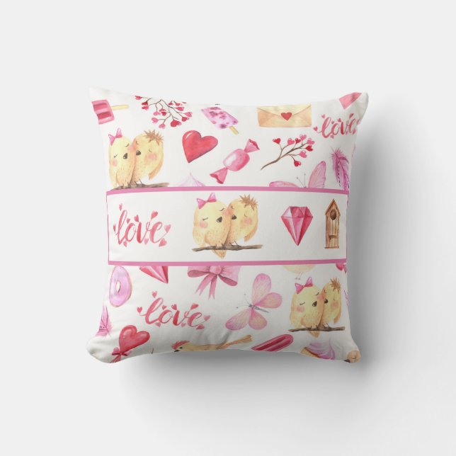 Love Birds Hearts Wedding Keepsake Pink Names Cushion (Front)