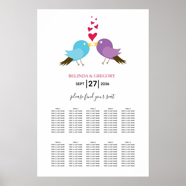 Love Birds & Hearts Wedding Seating Chart (Front)