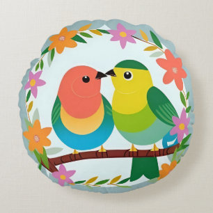 Love Birds in Bloom – Colourful Spring Floral Gift Round Cushion