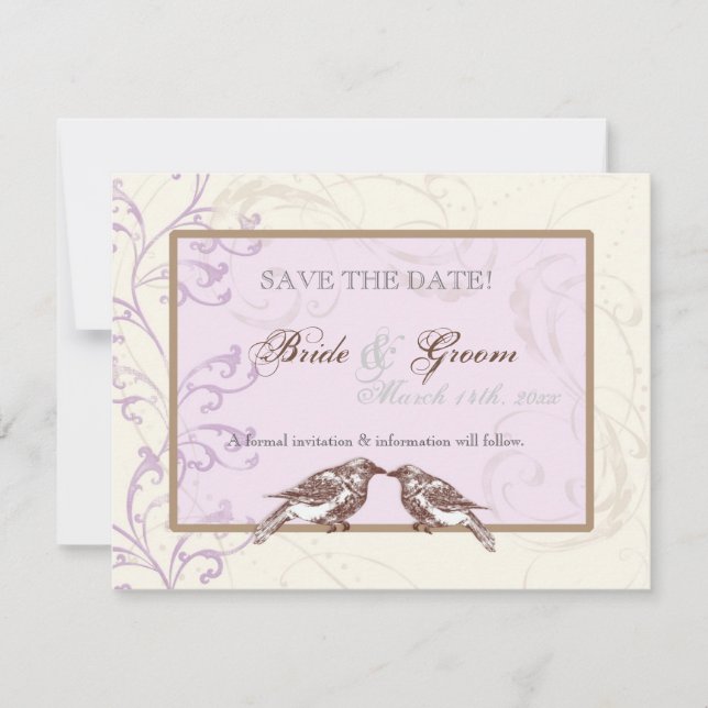 Love Birds 'n Lace - Lilac Save the Date Card (Front)