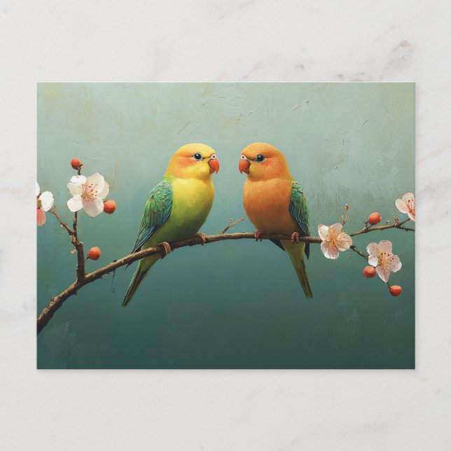 Love Birds on a Pink Flowering Branch Postcard (Front)