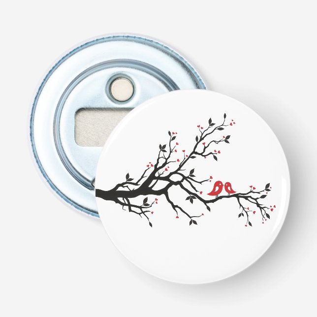 Love Birds on Branch – Romantic Red Heart Tree Art Bottle Opener (Front)