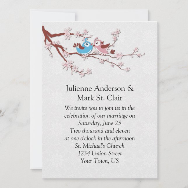 Love Birds on Cherry Blossoms Wedding Invitation (Front)