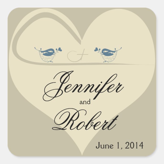 Love Birds on Ecru Heart Wedding Square Sticker (Front)