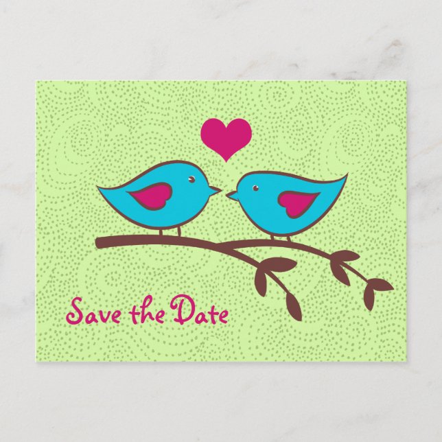 Love Birds on Green Save the Date Postcard (Front)