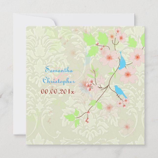 Love Birds on ivory damask Wedding Invitations (Front)