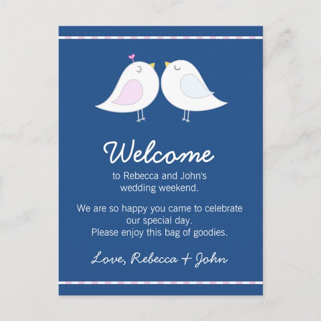Love Birds on Navy Blue Wedding Welcome Card (Front)
