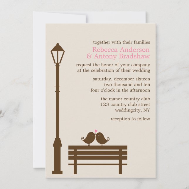 Love Birds on Park Bench Wedding Invitation (Front)