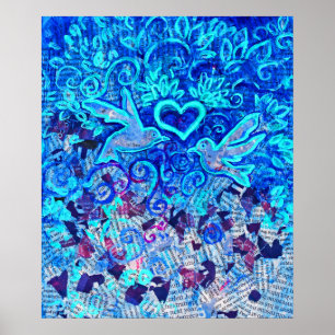 Love Birds, on recycled text, 22" x 28" Poster