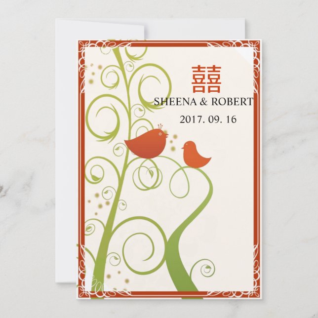 Love Birds on Trees Floral Swirls Chinese Wedding Invitation (Front)