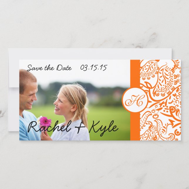 Love Birds Orange Damask Save the Date (Front)
