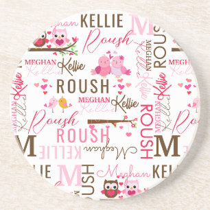 Love Birds Owls with Name and Monogram Collage Coaster