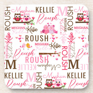 Love Birds Owls with Name and Monogram Collage Coaster