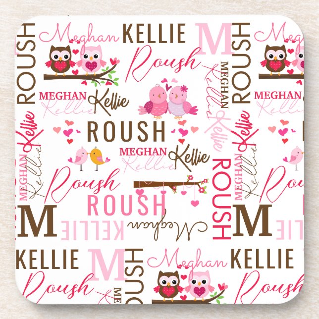 Love Birds Owls with Name and Monogram Collage Coaster (Front)