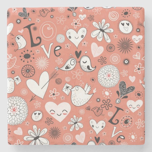 Love Birds Pattern Stone Coaster (Front)