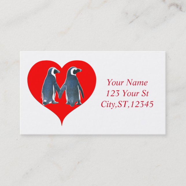 Love Birds Penguin Couple Red Heart Thunder_Cove Business Card (Front)