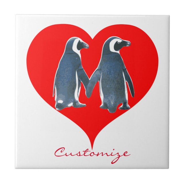 Love Birds Penguin Couple Red Heart Thunder_Cove Tile (Front)