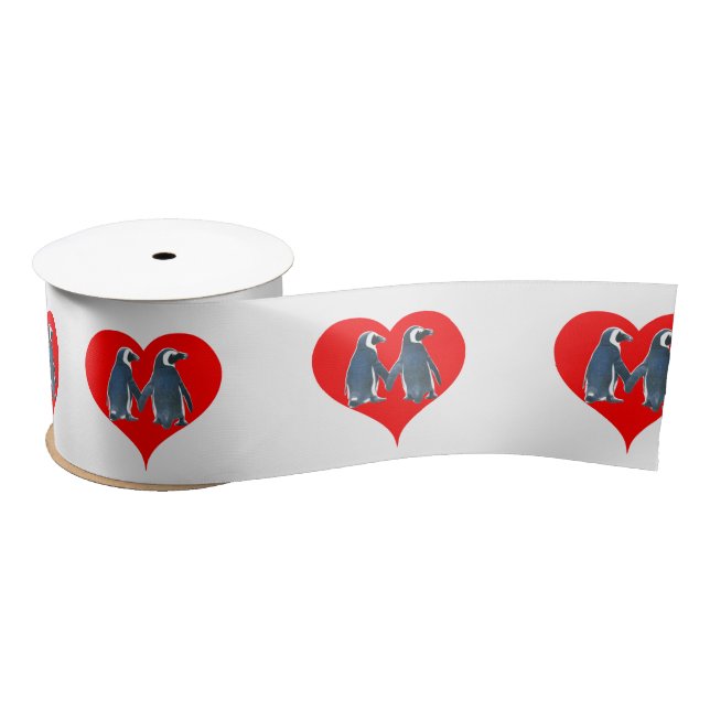 Love Birds Penguin Couple Red Hearts Thunder_Cove Satin Ribbon (Spool)