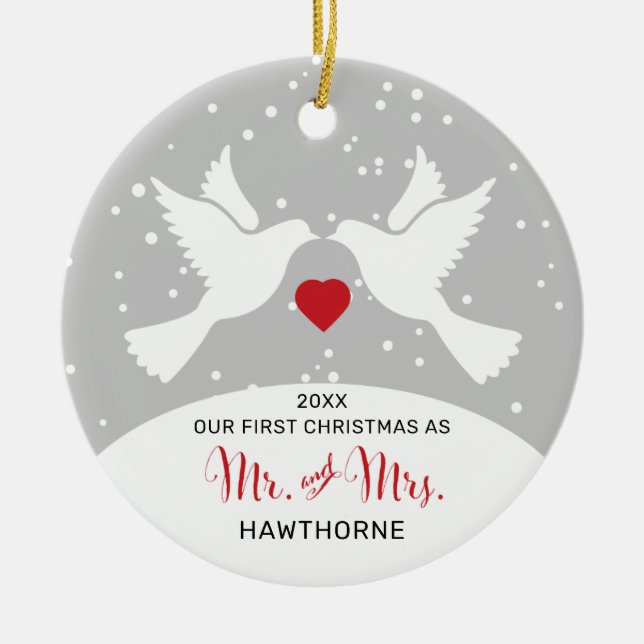 Love Birds Personalised Mr and Mrs 1st Christmas Ceramic Tree Decoration (Front)