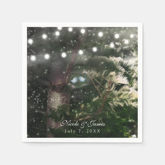 Love Birds + Pine Tree Night Wedding Reception Napkin (Front)