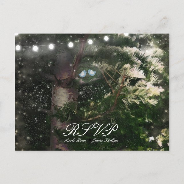 Love Birds + Pine Tree Night Wedding RSVP Invitation Postcard (Front)