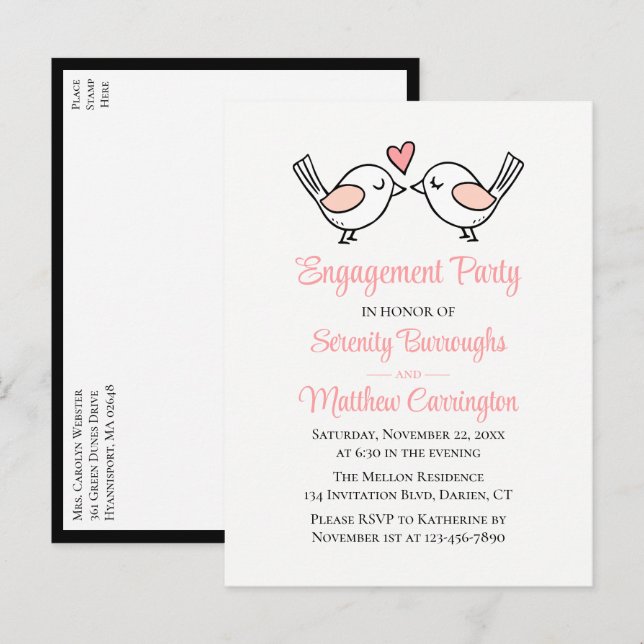  Love Birds Pink Black Lovebirds Engagement Party Invitation Postcard (Front/Back)