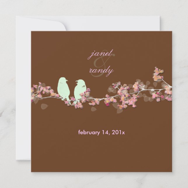 Love birds pink blossoms/beige invitation (Front)