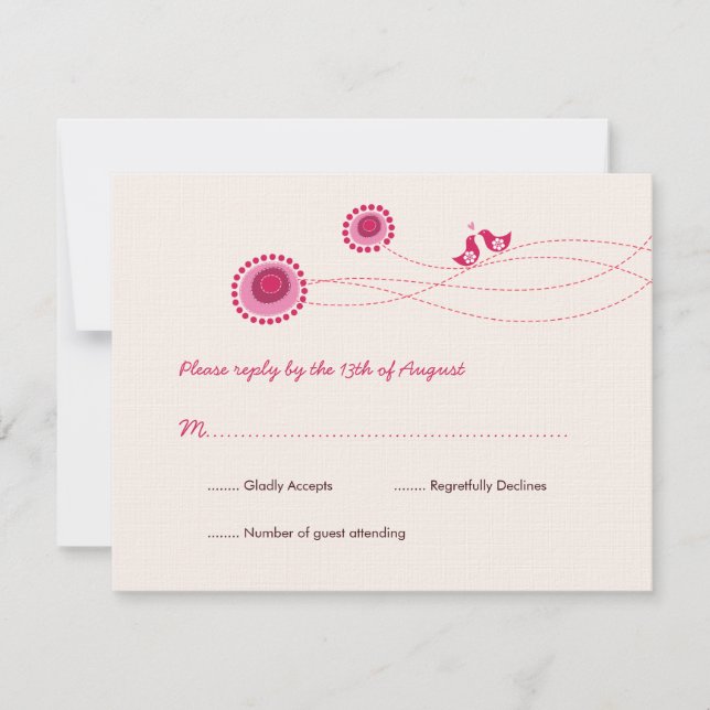 Love Birds Pink Dots Cute Flower Wedding RSVP Card (Front)