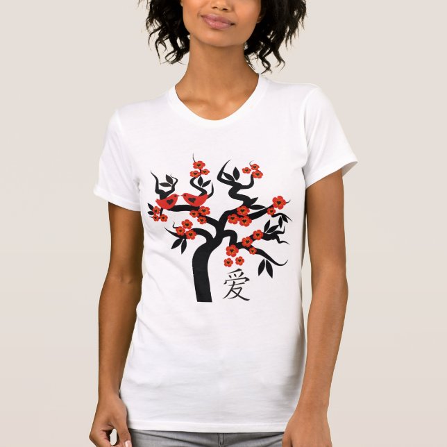 Love Birds Sakura cherry tree Chinese love symbol T-Shirt (Front)
