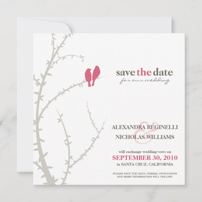 Love Birds Save the Date Announcement (fuchsia) (Front)