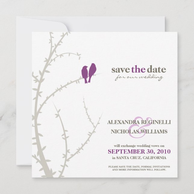 Love Birds Save the Date Announcement (purple) (Front)