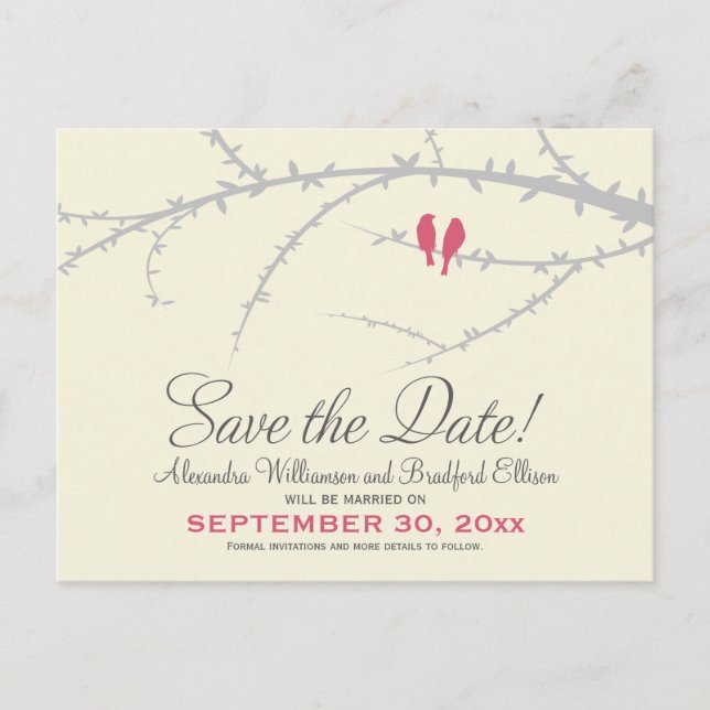 Love Birds Save the Date Postcard (pink) (Front)