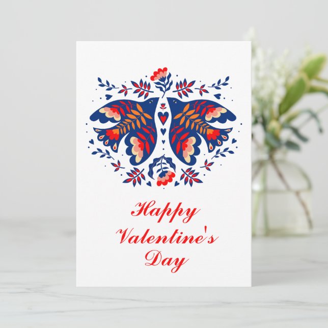 Love Birds Scandinavian Folk Art Valentine's Day H Holiday Card (Standing Front)