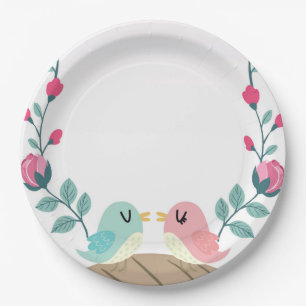 love birds spring flowers paper plate