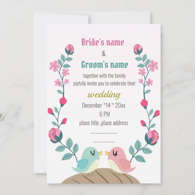 love birds spring flowers wedding invitation card (Front)