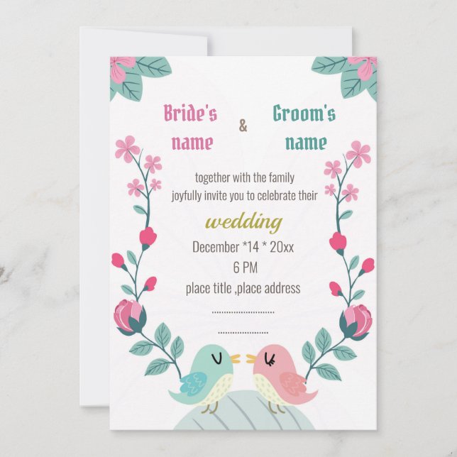 love birds spring flowers wedding invitation card (Front)