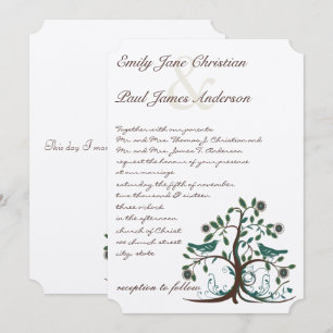 Love Birds Teal & Brown Tree Wedding Invitation