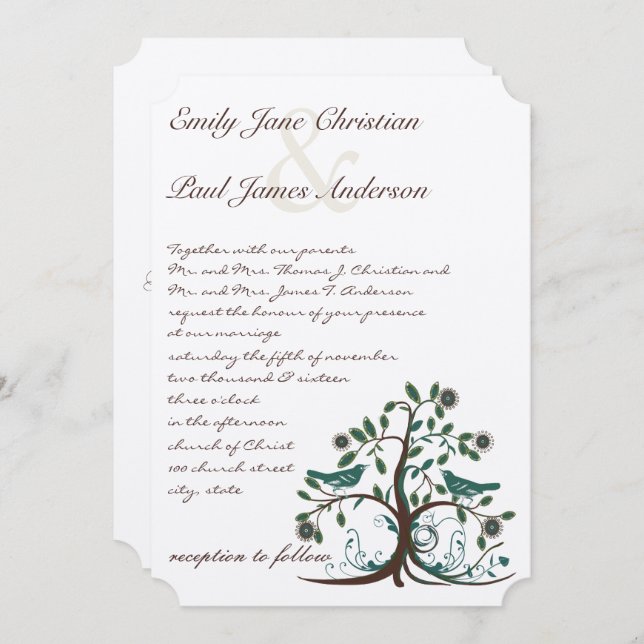 Love Birds Teal & Brown Tree Wedding Invitation (Front/Back)