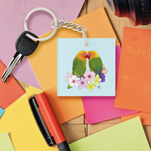 Love Birds Tropical Flowers Key Ring