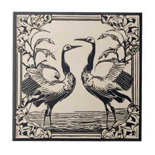 Love Birds two Cranes Black Art Deco Art Nouveau Tile