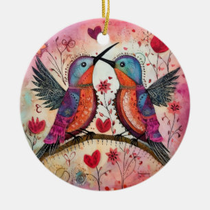 Love Birds Valentine Hearts And Flowers Ceramic Tree Decoration