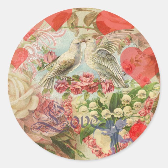 Love Birds Vintage Antique Heart Classic Round Sticker (Front)